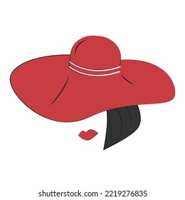 An abstract stylized drawing of a female face with red lips and wide-brimmed hat. Sticker. Isolate