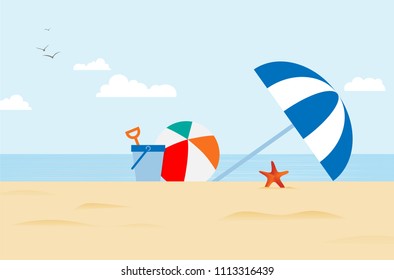 Abstract stylized drawing of sea beach with beach umbrella, balloon, bucket and starfish under blue sky with white clouds and birds - vector illustration