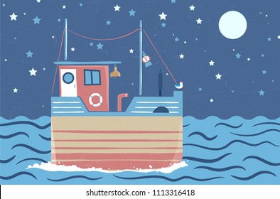 Abstract stylized drawing of ship at sea under night sky - vector illustration