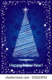 Abstract stylized elegant christmas tree on deep blue snowy background. Card for greetings with New Year and Christmas. Christmas card. Christmas background. Vector illustration