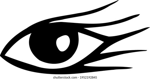 Abstract stylized eye with long eyelashes. Mystic gaze. Clipart for designs magic patterns, icons, prints. Perfect for creating symbol of hamsa, amulets evil eye. Black line art. Vector illustration.