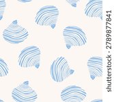 Abstract stylized, fan-shaped seashells seamless pattern. Hand drawn shells with irregular ink lines, stripes texture in blue monochrome colors. Vector modern organic styled background