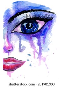 Abstract stylized female face, hand drawn illustration.