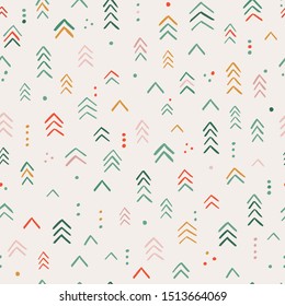 Abstract, stylized fir tree seamless background. Red, green and yellow dominate. Illustration for fabric, background, wallpaper, scrapbooking projects for kids.