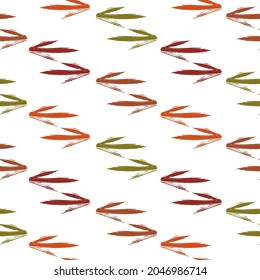 Abstract, stylized fir tree seamless background. Red, green and yellow dominate. Vector abstract modern seamless pattern with arrows in tender colors.
