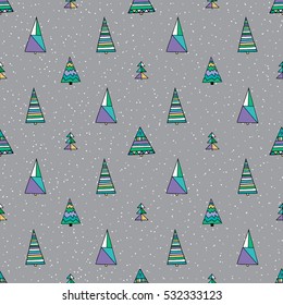 Abstract stylized fir tree seamless pattern. Hand drawn winter forest vector illustration.