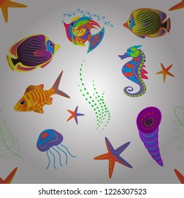 Abstract stylized fishes. Seamless watercolor texture fish vector pattern in violet, orange and white colors.