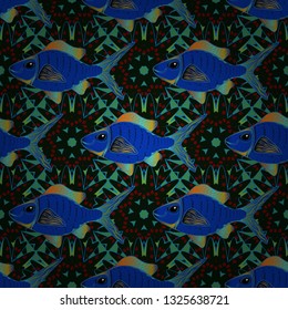 Abstract stylized fishes. Seamless watercolor texture fish vector pattern in green, black and blue colors.