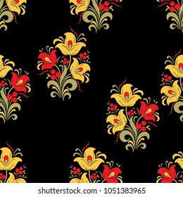 Abstract stylized flower seamless pattern, vector background. Red, yellow, green decorative flower, berries and curls on a black backdrop. For fabric design, wallpapers, wrappers, textiles, decorating