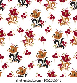 Abstract stylized flower seamless pattern, vector background. Red, orange, green and black decorative flower, berries and curls on a white backdrop. For fabric design, wallpapers, textiles, decorating