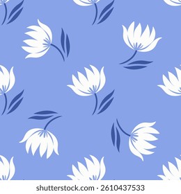 Abstract stylized flowers on blue Seamless pattern background ideal for wrapping paper, fabric, textile etc.