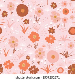 Abstract stylized flowers seamless vector doodle background red white pink. Flowers and leaves repeating pattern in pinkish colors. Use for surface pattern design, fabric, packaging, home decor