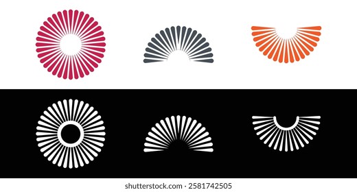 Abstract stylized geometric sun logos featuring radiating lines arranged in circular and semicircular forms.