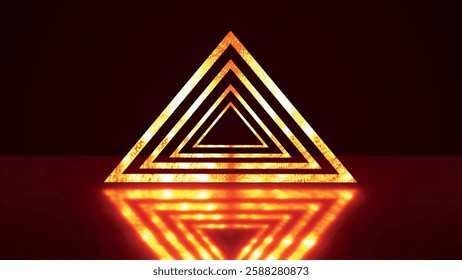 Abstract stylized golden triangle logo template on dark background. Abstract space, shiny neon light triangles. 3d vector illustration