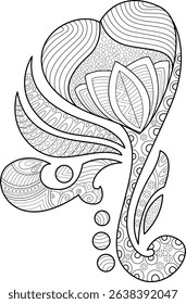 Abstract Stylized Heart with Zentangle Patterns, Black and white line art illustration featuring an abstract design with flowing shapes and intricate Zentangle-inspired patterns. Ideal for coloring