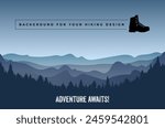Abstract stylized hilly landscape with forest silhouette under clear blue sky. Copy space for your text. Vector illustration.