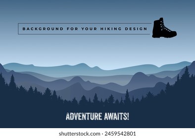 Abstract stylized hilly landscape with forest silhouette under clear blue sky. Copy space for your text. Vector illustration.