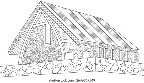 Abstrato estilizado House Line Art com padrões de doodle Zen intrincado. Ilustração em preto e branco Ideal para colorir e relaxar adultos.