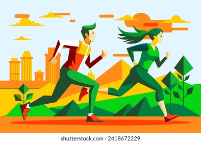 Resumen de una ilustración estilizada de un par de atletas en carrera. Joven hombre y mujer corriendo en la naturaleza con antecedentes de ciudad. Ilustración vectorial.