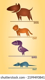 Abstract stylized image of domestic animals, Pets, Dog, Cat, Rat, Bird, Flat style, Icons, Vector illustration