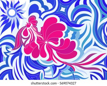 Abstract stylized image of a rooster in red  and blue colors
