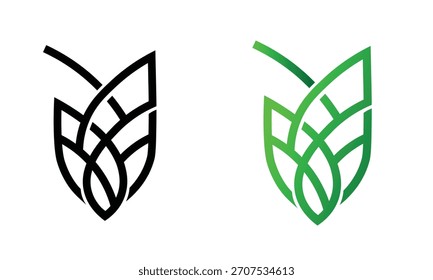 Abstraktes stilisiertes Blatt- oder Pflanzenlogo-Design mit einem verwobenen Muster, das einem Schild ähnelt, in schwarzem Umriss und lebendigem grünem Farbverlauf
