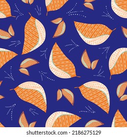 Abstrakte stilisierte Blätter nahtloser Vektormuster-Hintergrund. Tropischer Hintergrund für gefleckte Folklorekunst. Handgezeichnet dekoriertes Blattsilhouette-Design. Botanische Naturorange, Indigowiederholen