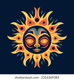 Abstract stylized Mayan ancient sun symbol on a dark background. Realistic sun icon design on dark background. Vector illustration.