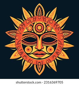 Abstract stylized Mayan ancient sun symbol on a dark background. Realistic sun icon design on dark background. Vector illustration.