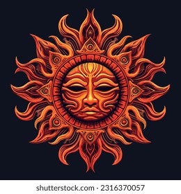 Abstract stylized Mayan ancient sun symbol on a dark background. Realistic sun icon design on dark background. Vector illustration