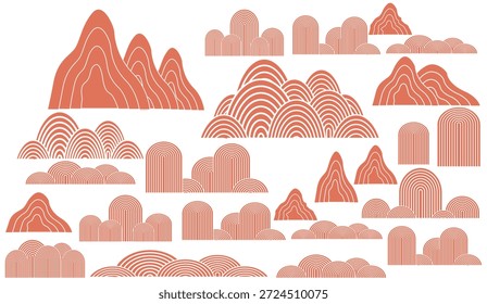 Paisaje montañoso estilizado Abstractas con patrones lineales de color marrón rojizo y blanco que fluyen, creando formas orgánicas decorativas para el Diseño gráfico moderno y fondos culturales