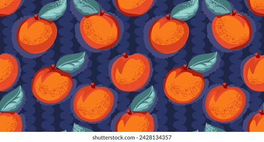 Abstract stylized orange apricot or peach with leaves seamless pattern. Vector hand drawn sketch. Bright illustration fruits patterned or dark blue striped background. Template for design, printing