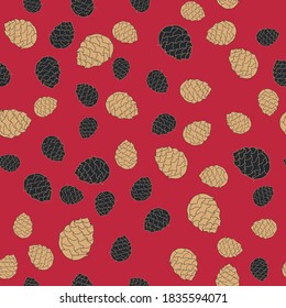 Abstract stylized pine cones in black and gold on a seamless red background. Perfect for fabric or gift wrapping