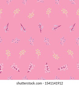 Abstract stylized pink flowers seamless vector doodle background. Delicate Berries and leaves repeating pattern in feminine pinkish colors. For surface pattern design, fabric, packaging, home decor