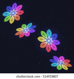 Abstract Stylized Rainbow Flovers on Starry Sky. Circular Patterned Ornament.