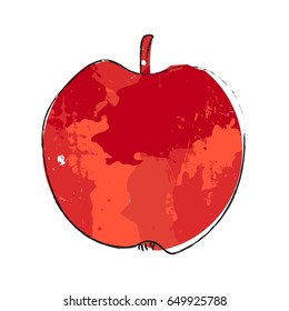 Abstract stylized red apple vector illustration with grunge painted background texture and black outline. Organic fruit image suitable for logo, icon isolated on white. Healthy nutrition, vegan food