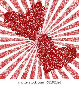 Abstract stylized roses hearts over grunge sunburst background