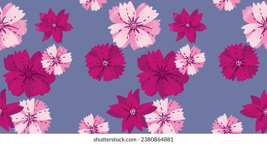 Abstract, stylized shape cute flowers seamless pattern. Vector hand drawn. Colorful large pink flowers print. Modern template for design