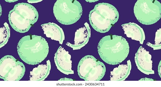 Abstract stylized shapes apples and apple slices seamless pattern. Vector hand drawing sketch. Light creative apples patterned on a dark blue background. Collage for designs, printing, fabric