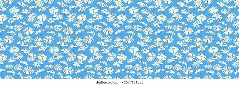 Abstract stylized shapes flowers pattern on a blue background. Creative unique meadow seamless print. Vector hand drawn. Summer simple ornament texture