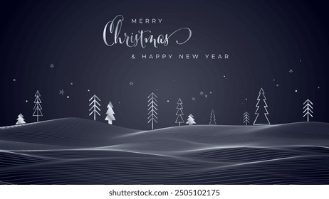 Abstract stylized silver wave lines, trees and snowflakes on dark background. Merry Christmas and Happy New Year card. Vector illustration.