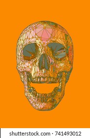 Abstract stylized skull open mouth front view with iridescent pastel colors style on orange color background