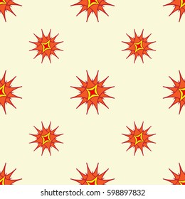 Abstract stylized stars background. Repeating geometric pattern in bright warm colors. Seamless vector background with red, yellow and orange stars