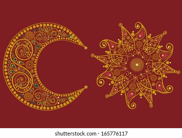 Abstract stylized  sun and moon on red background