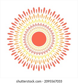 Resumen de forma de sol estilizada hecha de gotas, rayos. Círculo, conjunto de fondos de forma de anillo, colección. Decoración radial abstracta hecha de salpicaduras, chispas de fuego, salpicaduras. Fuego, colores llamativos.