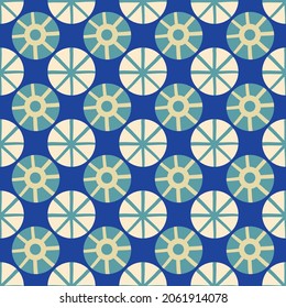 Resumen de formas estilizadas de sol y estrellas de fondo vectorial sin fisuras. Fondo de estilo Azulejo con motivos celestes inspirados en el antiguo Egipto, azul y blanco. Repetición geométrica para embalaje, viaje