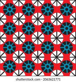 Abstrakte stylisierte Sonne und Sterne formen nahtlose Vektormuster Hintergrund. Azulejo Stil Hintergrund mit antiken ägyptischen inspirierten Himmelsmotiven, rot, blau, schwarz, weiß. Geometrische Wiederholung für Verpackungen