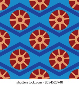 Abstract stylized sun and waves seamless vector pattern background. Historical ancient Egypt inspired backdrop celestial and water motifs. Geometric horizontal repeat for summer. travel concept
