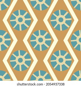 Abstract stylized sun and waves seamless vector pattern background. Ancient Egypt inspired gold blue backdrop celestial and water motifs. Geometric vertical repeat for summer. travel concept