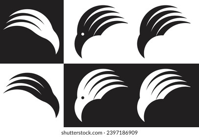 Abstract stylized symbol with an eagle head. Logo design, icons of a simple graphic bird with a sharp beak, a tuft of feathers. Vector black and white silhouette of the head of a bird of prey.